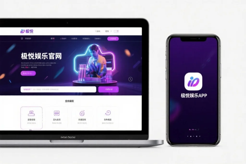 一台笔记本电脑屏幕上显示着盛世娱乐官网的界面，旁边是一部手机显示着盛世娱乐APP，两者并列对比